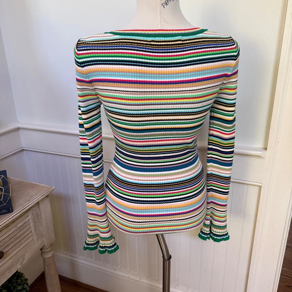 Milly Womens Multicolor Striped Ribbed Knit Scoop Neck Bell Sleeve Top Small - Picture 3 of 8
